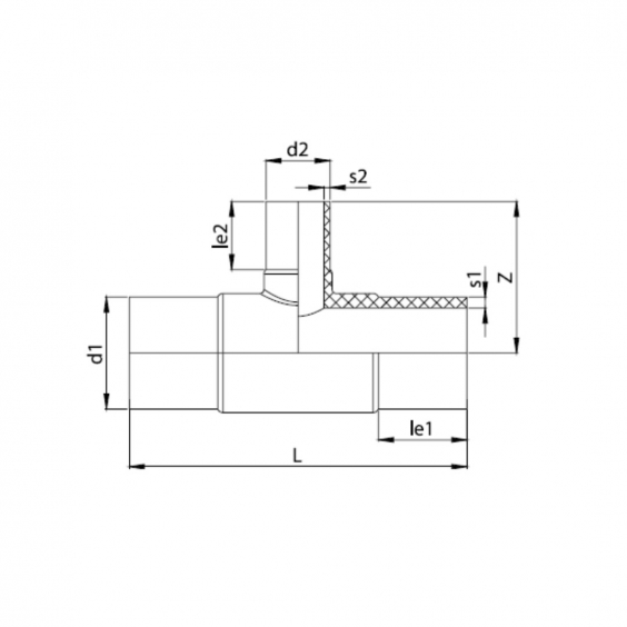 PE Elektroschweiß-T-Stück reduziert - 400 x 110 x 400mm / 2x Schweißstutzen / 1x Schweißstutzen reduziert