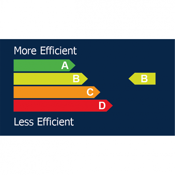 Energieeffizienzskala von A bis D, wobei die Kategorie B für eine Smart Inverter Wärmepumpe hervorgehoben ist.